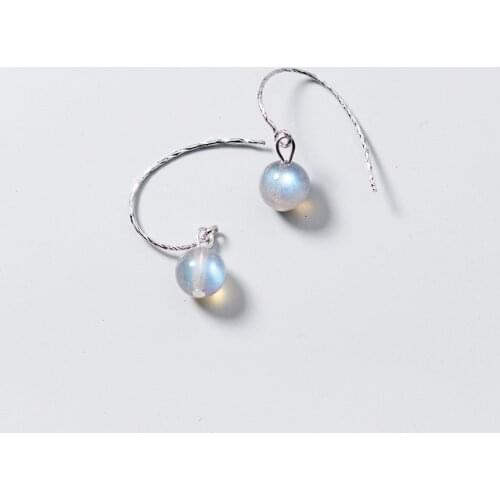MloveAcc Genuine 925 Sterling Silver Jewelry Round Natural MoonStone Drop Earrings for Women