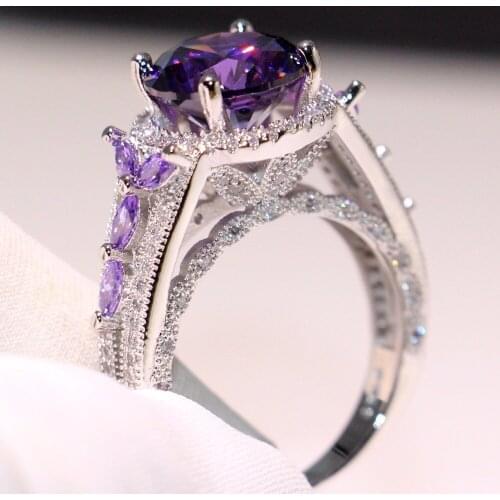 Unique New Luxury Jewelry 925 Sterling Silver Round Cut Purple AAAAA Cubic Zirconia Party Women Wedding Crown Band Ring Gift