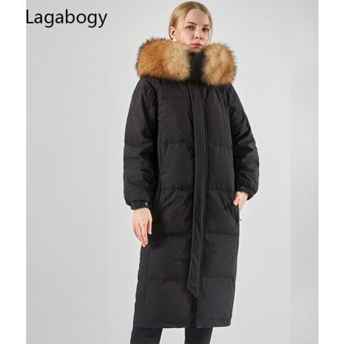 Lagabogy 2021Women Winter 90%White Duck Down Coat Long Parka Female Hooded Waterproof Thick Puffer Jacket Large Real Raccoon Fur