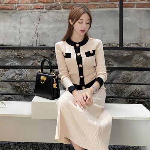 Winter autumn thick warm elasticity knit women sets Single-breasted jacket and long a-line skirt vintage elegant women sets