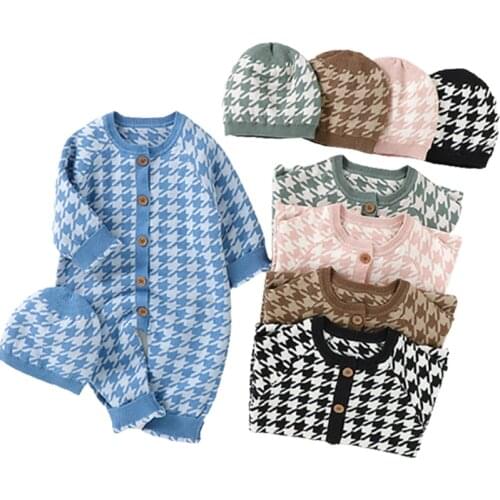 Baby Rompers Long Sleeve Infant Boys Girls Jumpsuits Clothes Autumn Knitted Newborn Toddler Kids Overalls+Hat 2PCS Set 0-18M