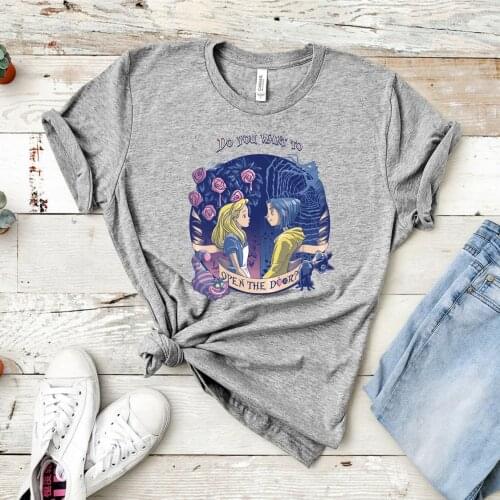 Coraline & Alice "Open The Door" T-Shirt Cute Alice In The Wonderland Shirt Coraline Jones Graphic Tee Kawaii Harajuku Tees