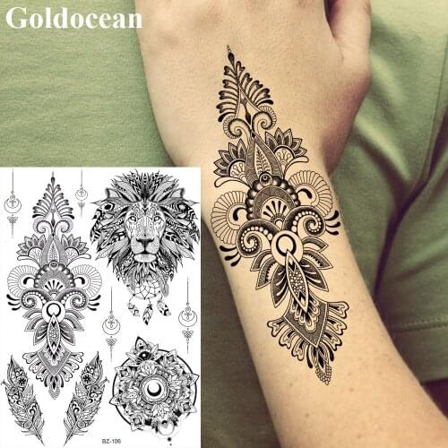 GoldOcean Henna India Tribal Totem Tattoos Stickers Women Fake Waterproof Tattoo Temporary Black Lion Girls Custom Arm Tatoos