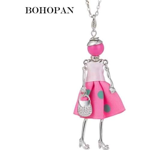 Lovely Dress Doll Pendants Necklace For Girl Silver Metal Necklace Long Sweater Chain Charm Jewelry Women 6 Color Bijoux collar
