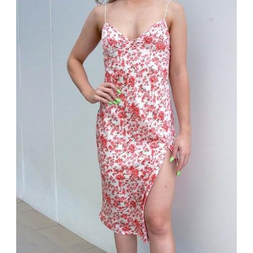 Hot Fashion Womens Floral V-neck Sling Dress Summer Stylish Sexy Sleeveless Backless Split Midi Tight Dress юбка летняя женская