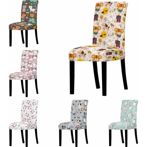Cartoon Chair Cover Spandex Slipcovers For Dining Room Stretch Cute Cat Elastic Seat Cover Banquet Hotel Kitchen Wedding