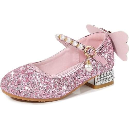 New Girls Leather Shoes Sequin Butterfly High-heel Princess Shoes Childrens Sparkling With Light Dancing Performance Shoes E664