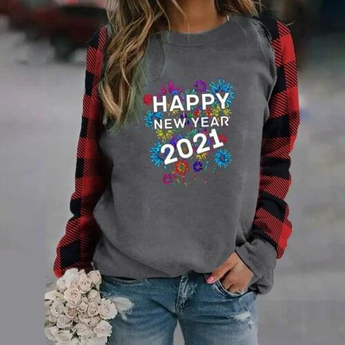 New Year 2021 New Autumn Winter Clothing Ladies ‘New Year’ Print Red Plaid Long-sleeved Round-neck Sweatershirt Tops Blouse