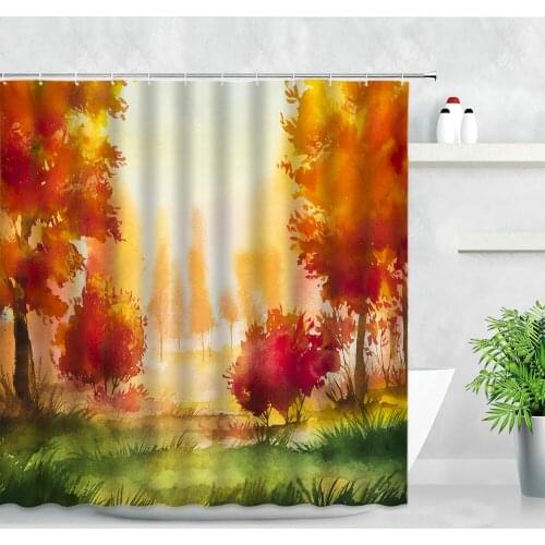 Autumn Scenery Shower Curtain Set 3D Forest Red Leaves Green Plants Water Color Painting Art Waterproof Bathroom Decor Curtains