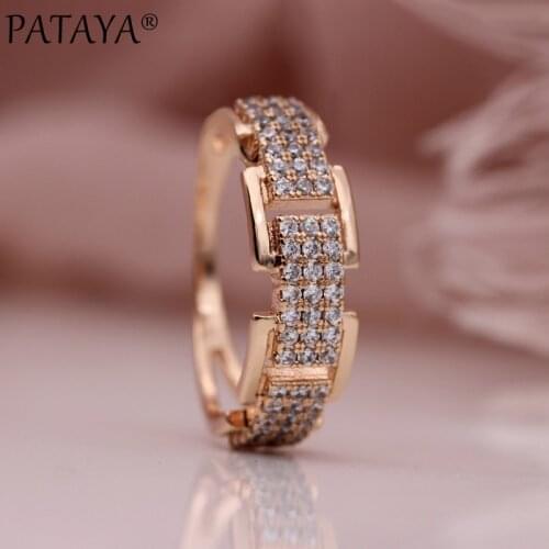 PATAYA New Arrivals Three Rows Round White Natural Zircon Rings Women Party Wedding 585 Rose Gold Concise Jewelry Accessories