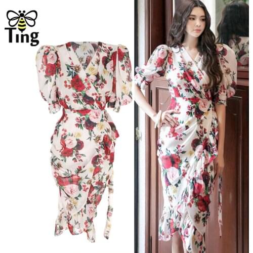 Tingfly Vintage Elegant Floral Puff Sleeve Wrap Dresses Ruffles Summer V Neck Sexy Hot Zevity Party Night Dress Vestidos Robes