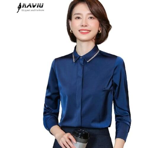 Navy Blue Satin Chiffon Shirt Women 2021 Spring New Simple Tops Long Sleeve Fashion High End Formal Work Blouses White