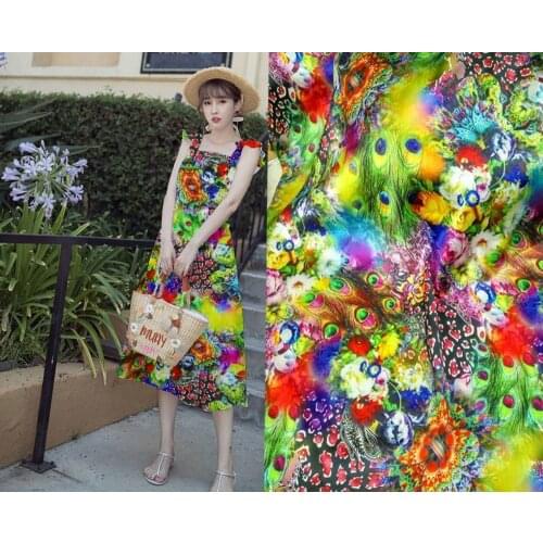 Green Peacock Flowers Print Chinese Style Silk Satin Fabric For Silk Dress Quality Alibaba Express 3% Spandex Tissus Au Metre