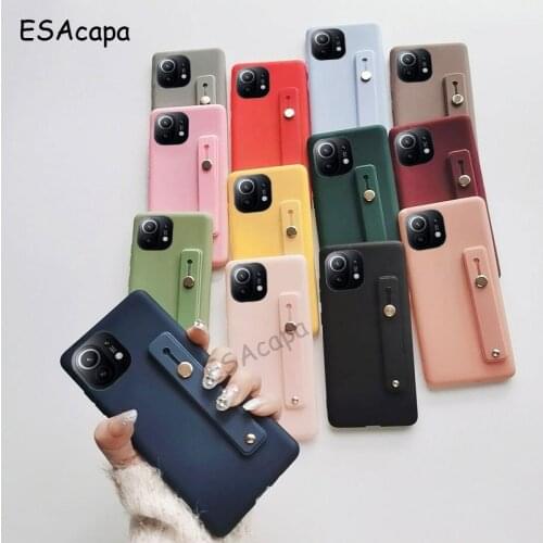 Candy Color Wrist Strap Silicone Phone Case For Xiaomi Mi 11 Hand Band Holder Stand Cover For Xiaomi 11 Mi11 Matte Back Cover