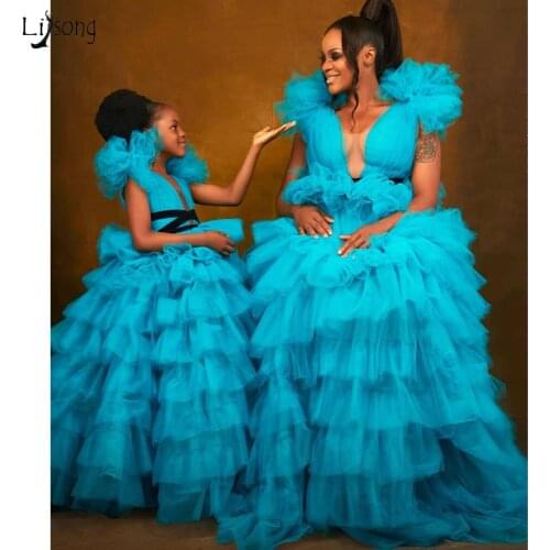 Modest Blue Ruffles Tiered Long Tulle Prom Dresses Puffy Tulle Ball Gowns 3D Tutu Flower Prom Gowns Custom Made Formal Dress