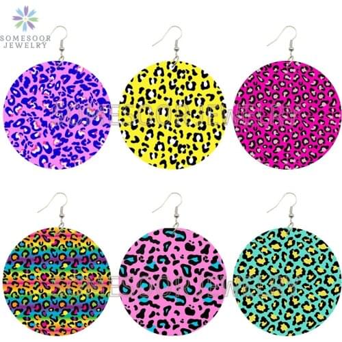 SOMESOOR Colorful Leopard Printed African Wooden Drop Earrings Animal Skin Pattern Wood Loops Dangle Jewelry For Women Gifts