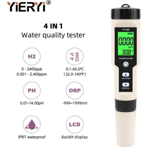 4 in 1 PH Tester H2/PH/ORP/TEMP Meter Digital Water Quality Monitor Tester for Pools, Drinking Water, Aquariums