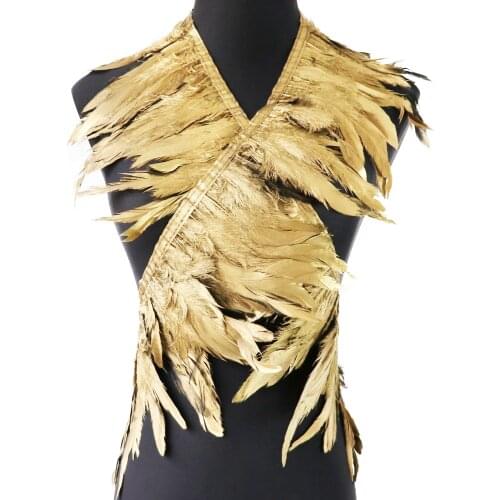 1 Meter Gold Rooster Feather Fringe Trim 13-18cm Firmly Fixed Clothing Party Decorations Natural Chicken Plumes on Ribbon