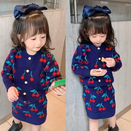 Girls' Knitted Autumn Cherry Cardigan Skirt Two-piece Suit Toddler Girl Fall Clothes 2021 Baby Girl Winter Clothes Baby Sweater