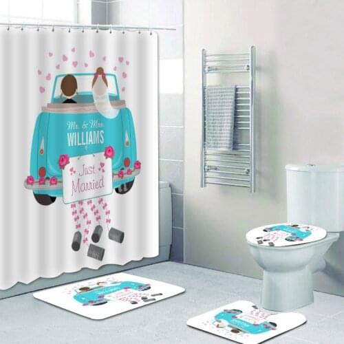 Cute Just Married Shower Curtain Set for Newly Weds Bath Curtains Personalised Wedding Gift Bride Wedding Car Couple Mats Rugs