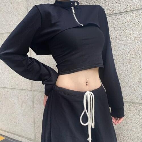 2021 Spring Winter Fashion Short Hoodie Womans Irregular Casual Stand Collar Sweatshirt Womens black Long Sleeve Top