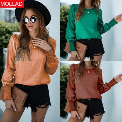2021 Spring and Autumn AliExpress New Arrival Hot Sale Satin Smocking Long Sleeve Solid Color round Neck Shirt