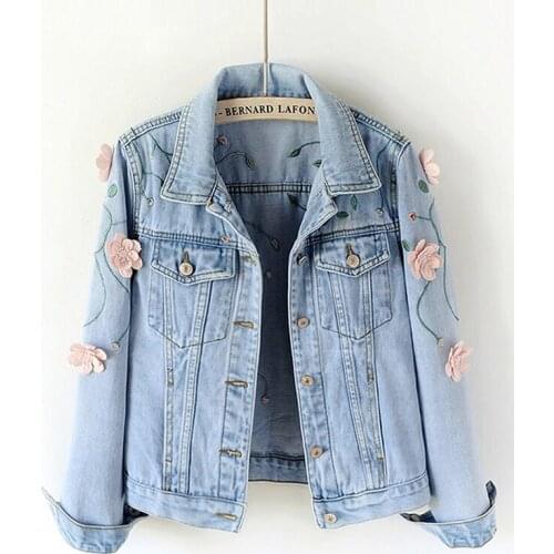 Women 2020 spring Autumn floral embroidery 3D flowers Denim Jackets girls Korean Jeans Coat Turn-down Collar Slim Jacket JC257