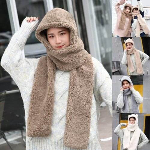 Women Winter Warm Plush One-Piece Hat Scarf Bear Ears Thermal Hooded Earflap Cap F3MD