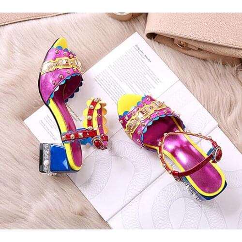 Woman real leather T strap beading chunky low heel sandals rhinestones rivets colorful beading chunky low heel dress sandal