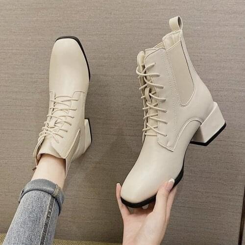 Vogue Ankle Boots Black Boots Women Casual Low Heels Short Boots Lace Up PU Leather Shoes Woman Autumn bv6