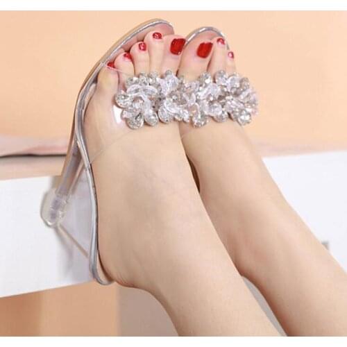 YEELOCA 2019 New Fashion Womens Slippers Transparent Sexy Sandals Round Toe Fish Mouth Heels Party Shoes Crystal Pumps for Women