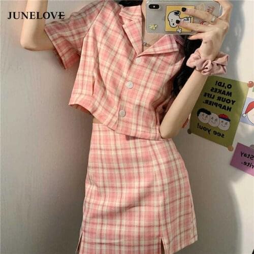 JuneLove 2021 Summer Elegant Blouse+shirts 2pcs Set Turn Down Collar Single Breasted Tops A-line Skirts Female Pink Plaid SuitS