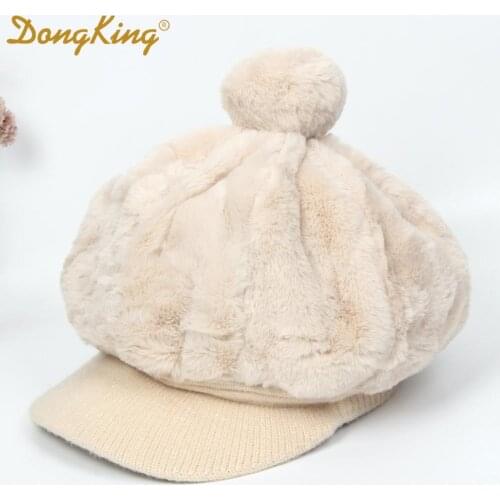 New Winter Rabbit Fur Beret Hat For Women Thickened Ear Cap Ladies Warm Pompom Octagonal Hat Female Girls Knitted Visor