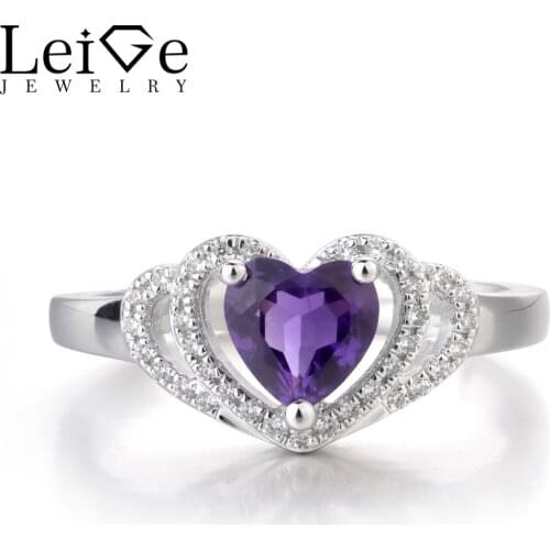 Leige Jewelry Natural Amethyst Purple Color Rings Heart Shape Wedding Bands Engagement Ring Classic Style Gifts for Woman