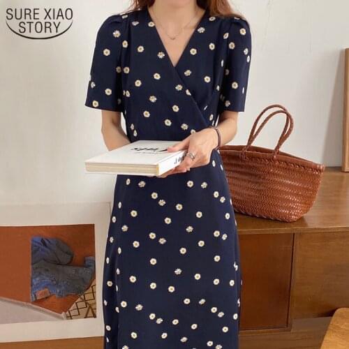 2021 Korean New Summer Dress Chiffon V-neck French Floral Long Dress for Women Casual Women Office Lady Dresses Vestido 14221
