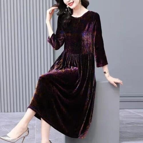 2021 Autumn Winter New Corduroy Wide Lady High Foreign Style Point Sleeve Round Neck Temperament Long Women Work Wear Dresses
