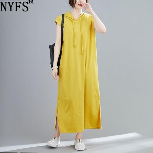 NYFS 2021 New Summer Dress Vintage Loose Solid Woman Long Dress Vestidos Elbise Hooded sleeveless Women Dresses