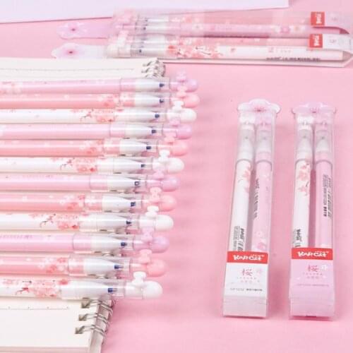 2Pcs/Set Cute Pink Cherry Blossoms Gel Pen 0.38mm Blue/Black Washable Handle Erasable Pen for School Office Writing Supply Tools
