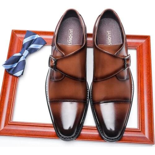 2021Men Casual Business Shoes Adult Monk Strap Genuine Leather Sew Rubber Outsole Non-slip Wearable Classic Fashion All Season