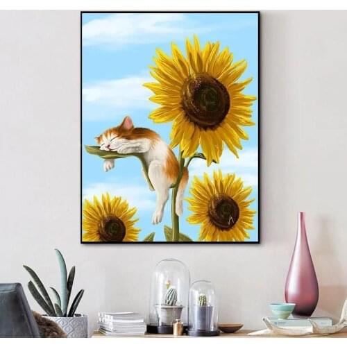 Diamond Painting New Full Diamond Cartoon Sunflower And Cat Diamond Embroidered Cross Stitch Dot Stickers Bedroom Living Room 5D