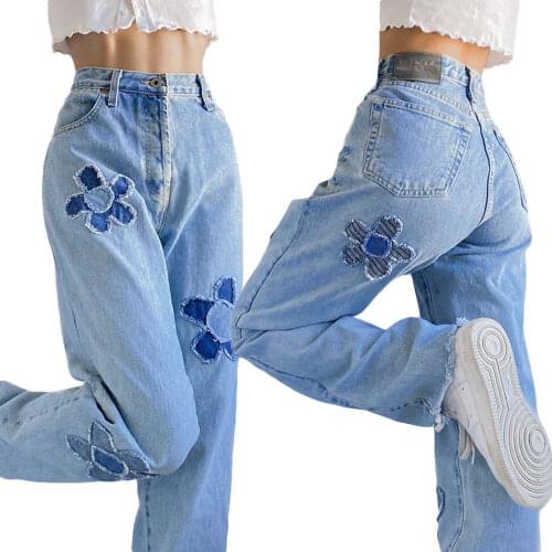 2021 Women Straight-leg Jeans, Adults Summer Washed blue Loose Flower Pattern Denim Pants with Pockets