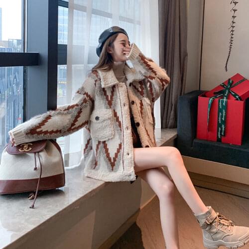JuneLove Winter Coat Women Parkas Print Turn-down Collar Single Breasted Woolen Coats Female Winter Jackets Warm Thick Outwears