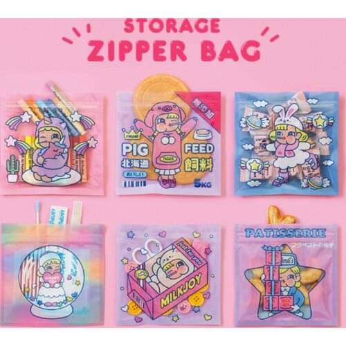 8pcs Cute Cartoon Korea Printed Coin Purse Unicorn Teddy Crystal Transparent Jelly Rabinbow Storage bag Food Sealed bags