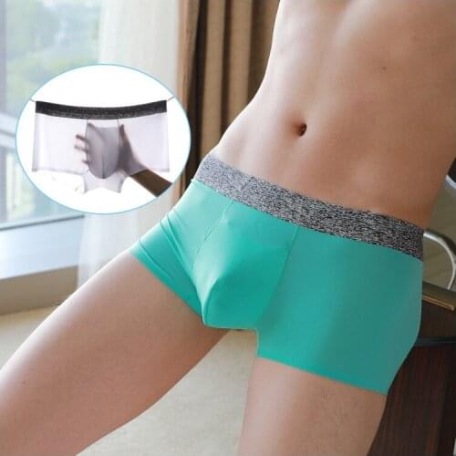 Fashion Sexy Boxers Solid Silk Low Waist Underwear Transparent U Convex Comfortable Pouch Soft Shorts