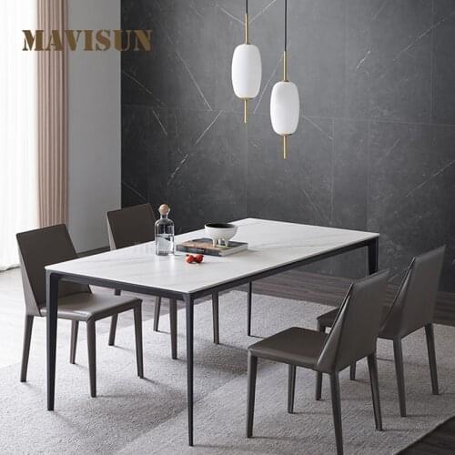 Northern European Minimalist White Marble Stone Dining Table And Upholstered Chair Small Flat Rectangular Dining Table 6 Seater