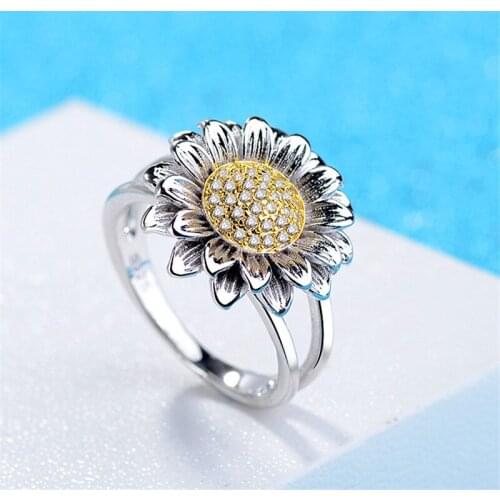 Charm Female Sunflower Crystal Ring Charm Gold Silver Color Engagement Ring Cute White Round Zircon Wedding Rings for Women