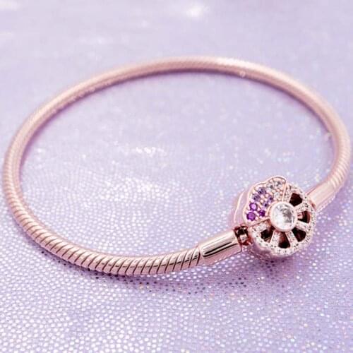Original Rose Moments Pink Fan With Crystal Clasp Snake Chain Bracelet Bangle Fit 925 Sterling Silver Bead Charm Europe Jewelry