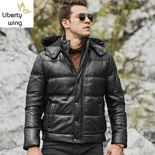 Autumn Winter New Genuine Leather Mens Short Hodded Down Casual Hat Detachable Thick Warm Male Outerwear Coats Plus Size