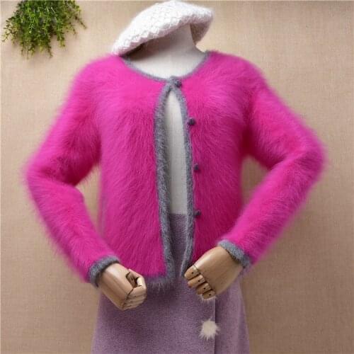 Lining inside female women pull rose autumn winter mink cashmere knitted long sleeves slim short style cardigans angora fur coat