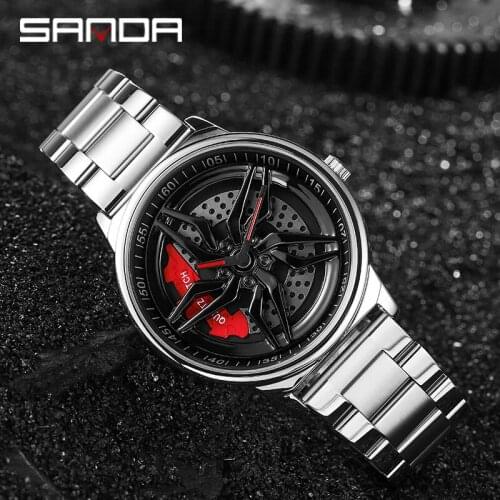 SANDA 2021 New Rim Watch Mens Custom Sports Car Personality Rotating Contour Mens Watch Waterproof Creative Relogio Masculino